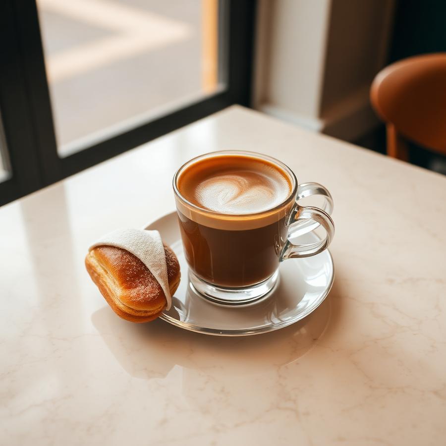 Taza de café italiano con un cornetto sobre mesa de mármol