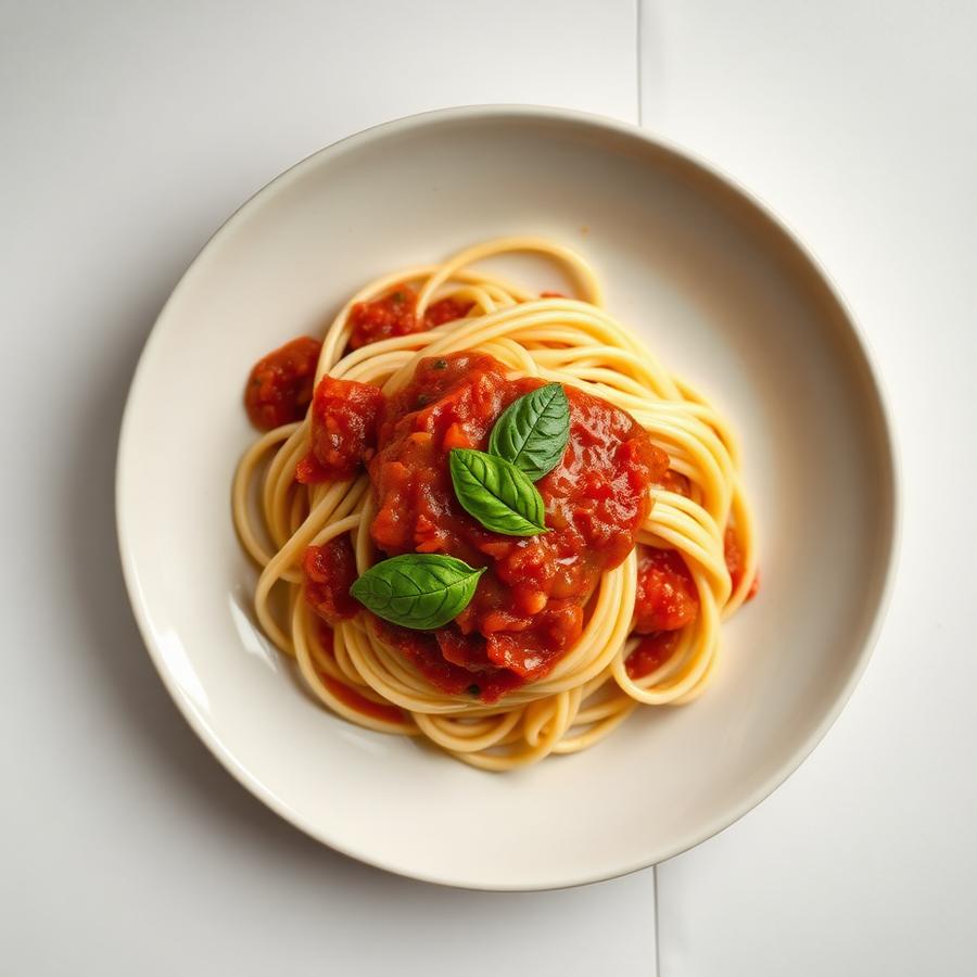 Plato de pasta fresca con salsa de tomate y albahaca